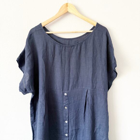 TERZO MILLENNIO | 100% Italian Linen Navy Blue Blouse Cap Sleeve Tunic | Size 1X - Picture 4 of 7